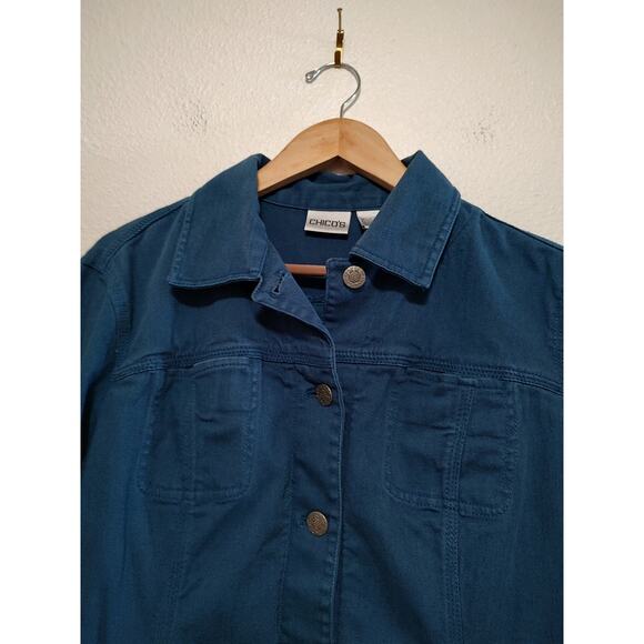 Chicos Size 2 Turquoise Blue Embroidered Long Sleeve Button Front Denim Jacket - Picture 9 of 12